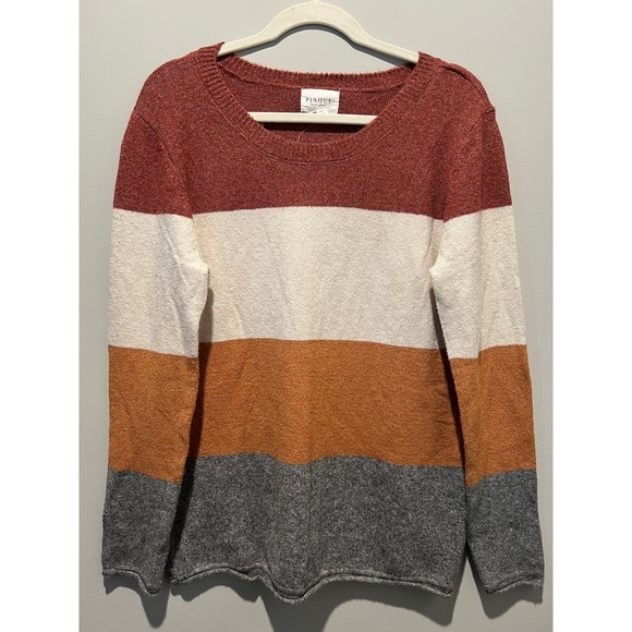 NWOT Pinque Womens L Gina Crew Neck Color Block Sweater Gray Orange Cream - Picture 2 of 12